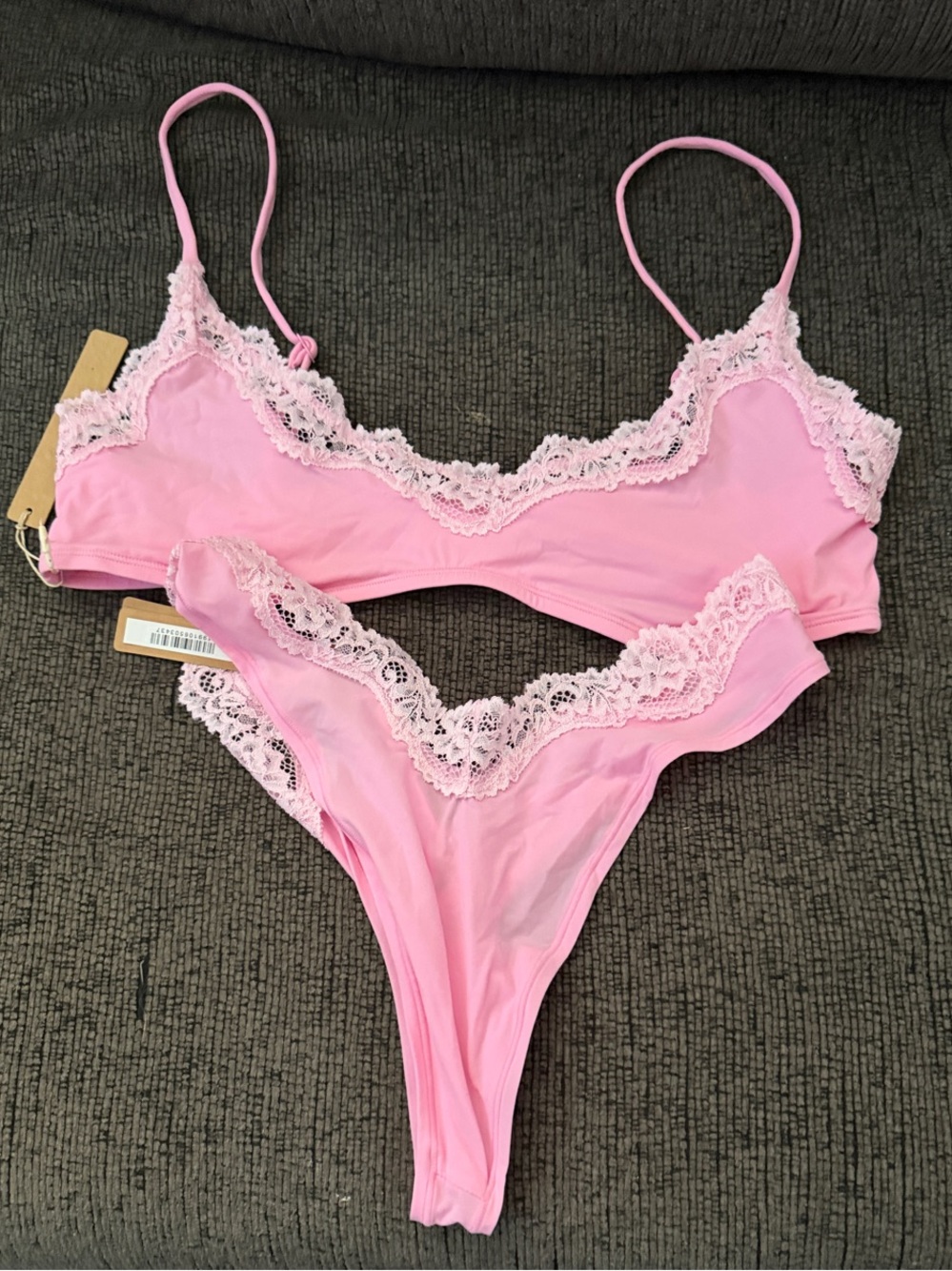 SKIMS Pink Lace-Scoop Bralette and Thong Set (Bubble Gum Tonal)